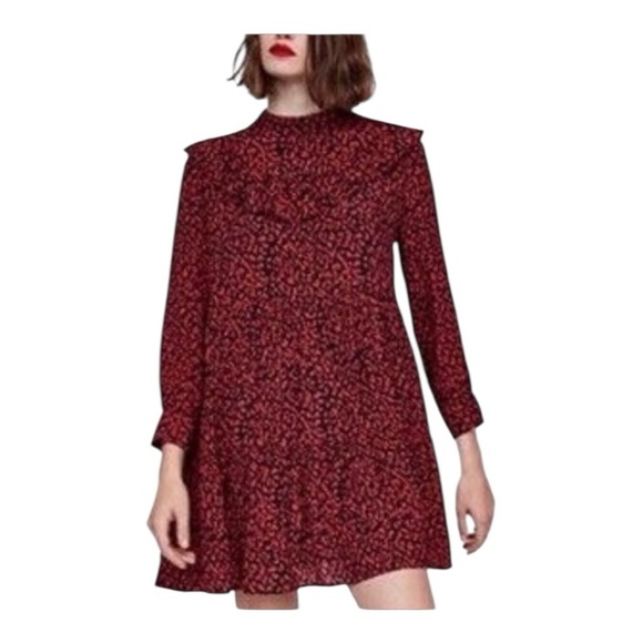 Zara Red & Black Leopard Print Ruffled Long Sleeve Dress. Size Medium. - Picture 1 of 12